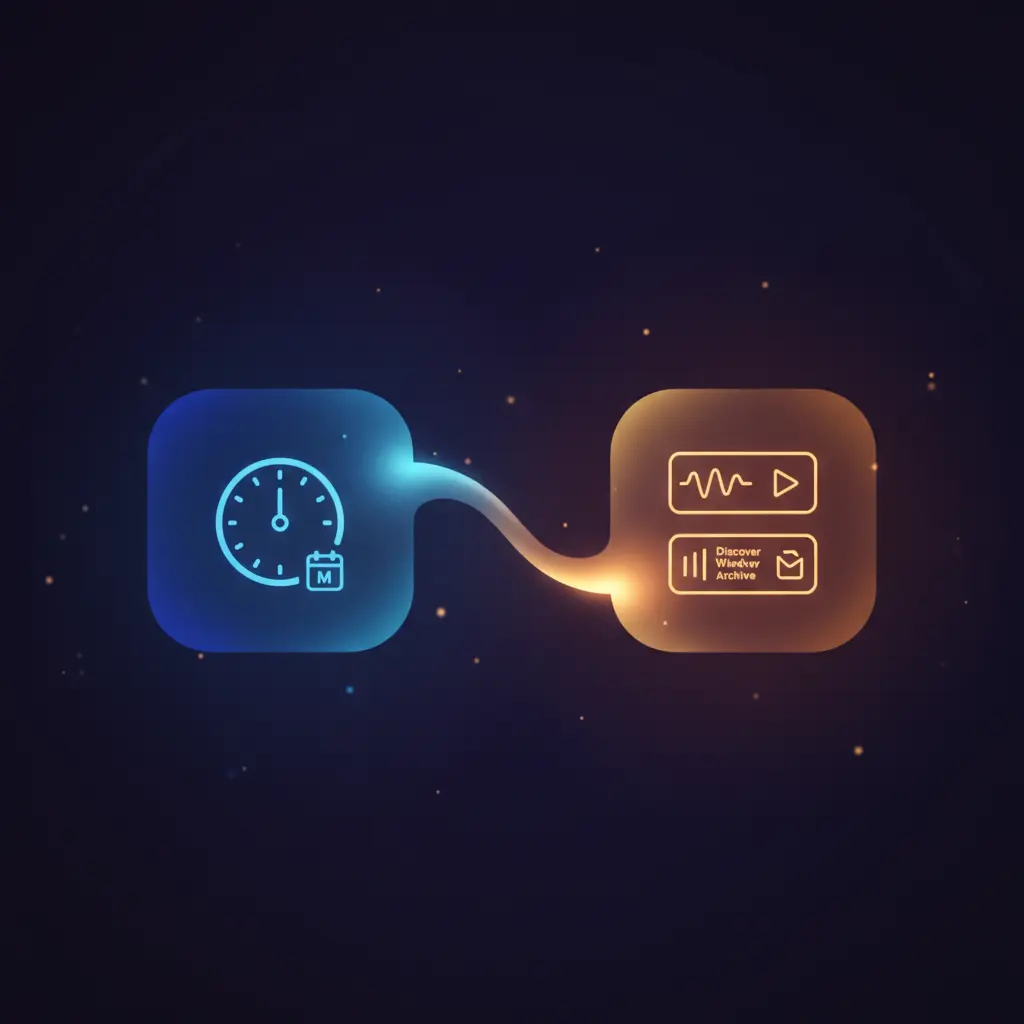 Isometric illustration of n8n workflow automating archiving Spotify Discover Weekly tracks every Monday